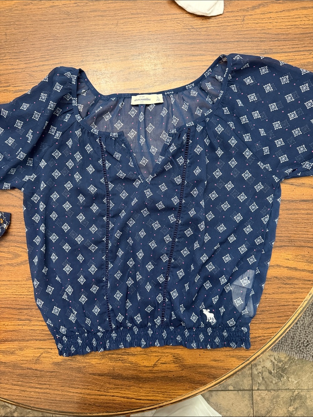 Abercrombie & Fitch Navy Blue Printed Cropped Peasant Top